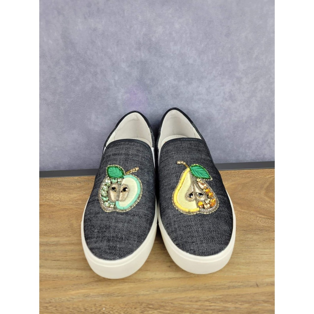 Sam Edelman Evelina Denim Slip On Sneakers Embellished Apple‎ Pear Fruit Size 9M